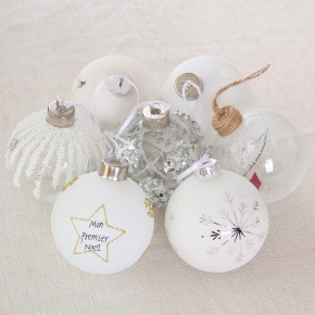 Christams tree hanging ornament, White glass ball with white glitter