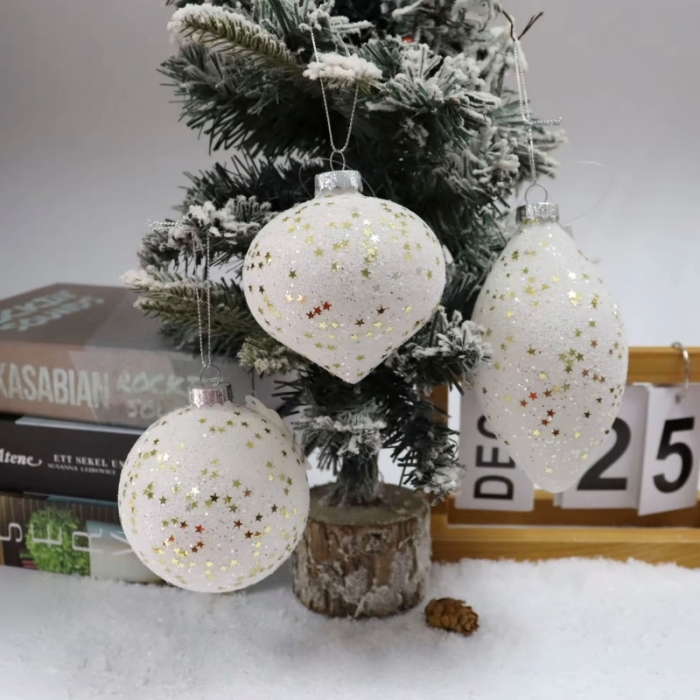 Christams tree hanging ornament, White glass ornament with white glitter