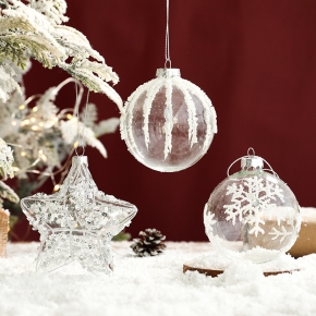 Christams tree hanging ornament, clear glass ball with white glitter