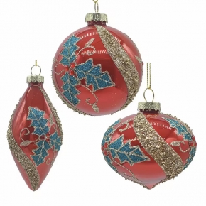 Christams tree hanging ornament,Shiny red glass ball,onion,finial with gold glitter
