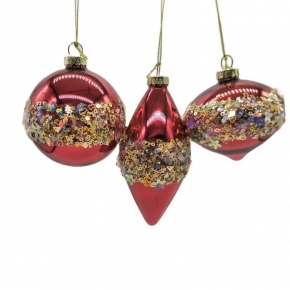 Christams tree hanging ornament,Shiny red glass ball,onion,finial with gold beads