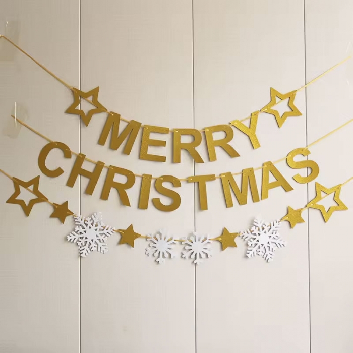 Merry Christmas Banner Tree Snow Star Leaves Garlands