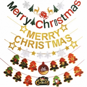 Merry Christmas Banner Tree Snow Star Leaves Garlands