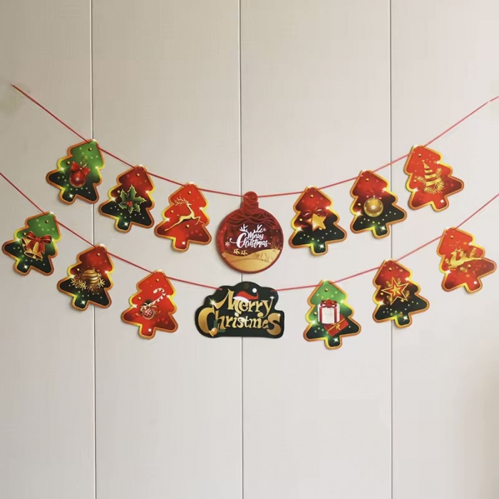Merry Christmas Banner Tree Snow Star Leaves Garlands