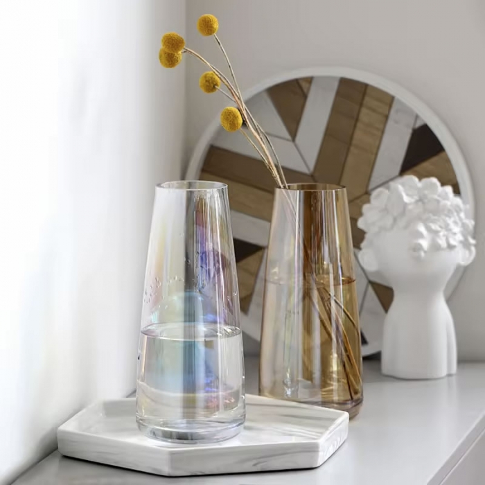 Clear champagne & grey glass vase with luster outside