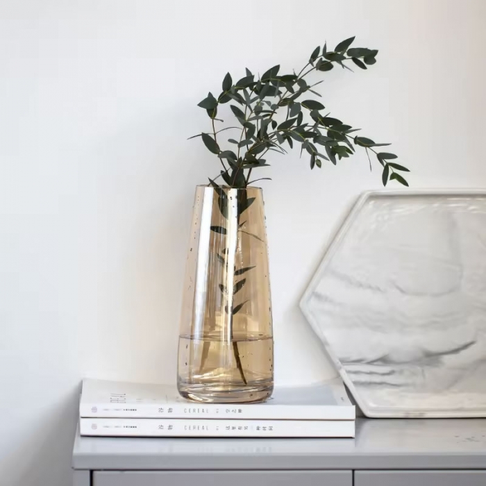 Clear champagne & grey glass vase with luster outside