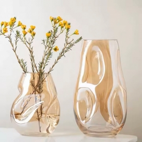 Clear champagne glass vase with luster outside