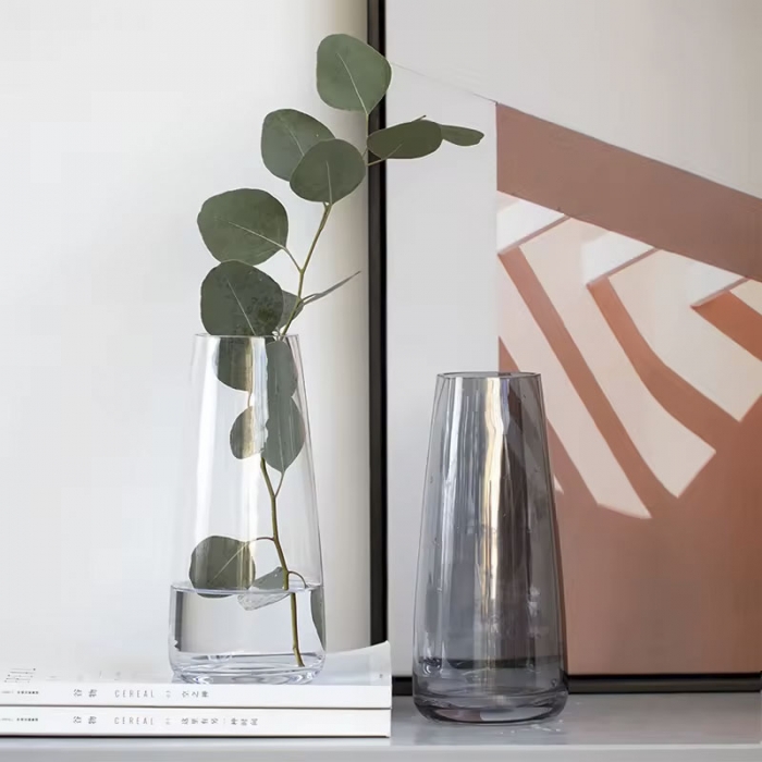 Clear champagne & grey glass vase with luster outside