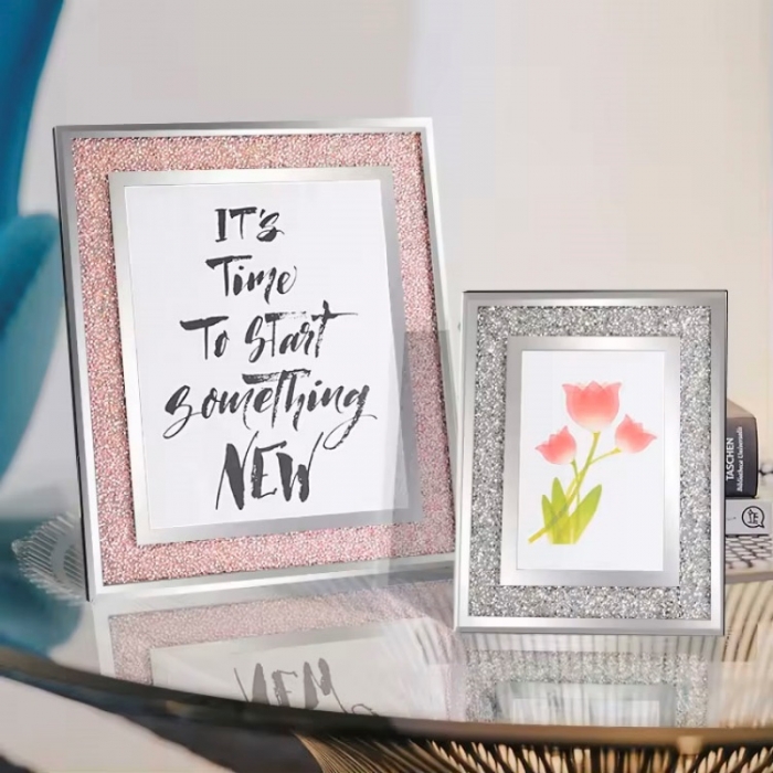 Silver Photo Holder Glass Mirror with Sparkling Crystal