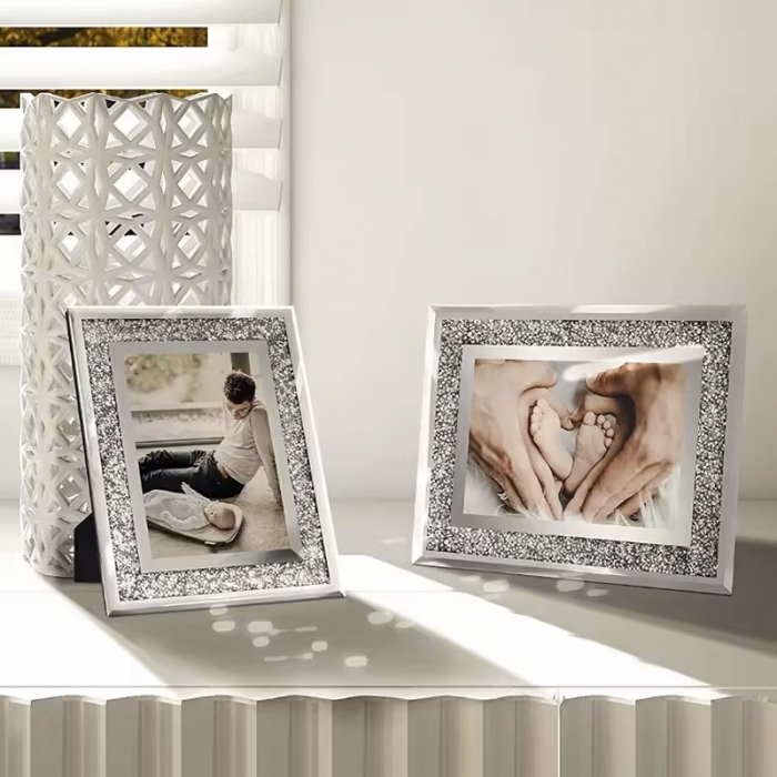 Silver Photo Holder Glass Mirror with Sparkling Crystal